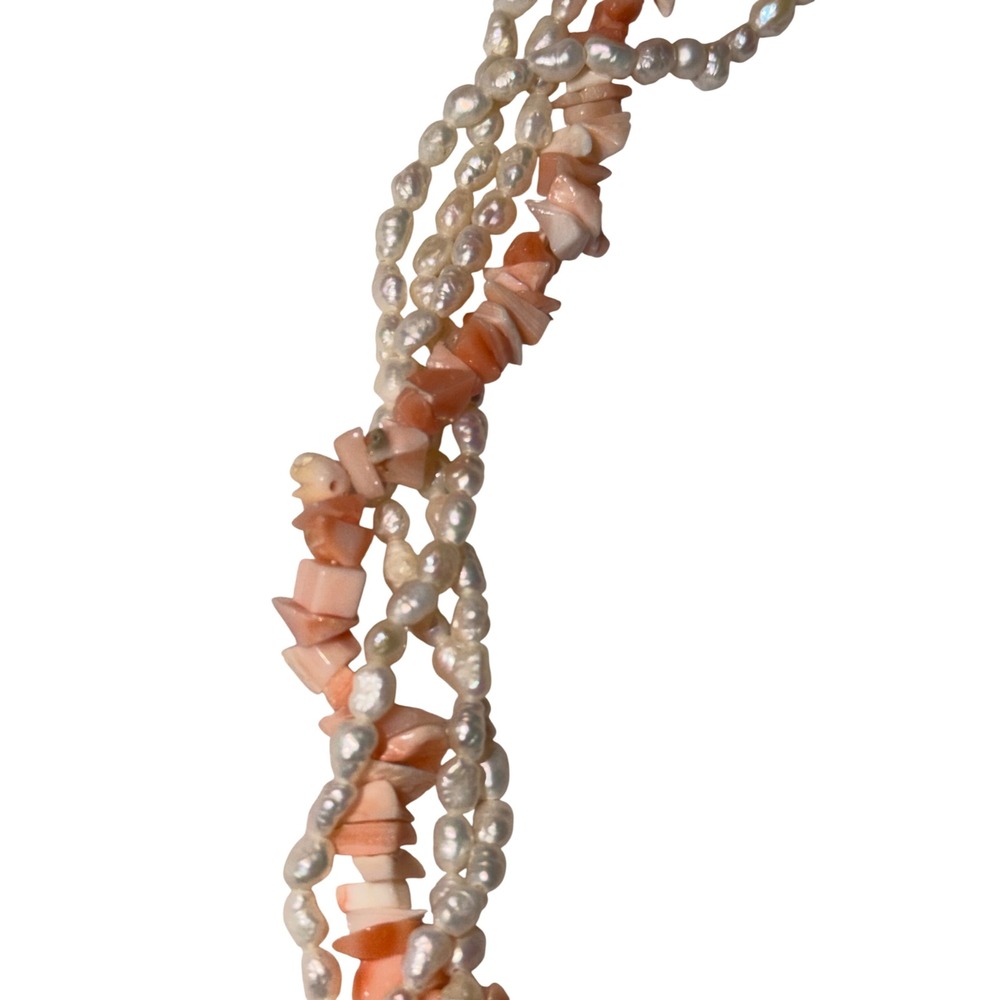 Vtg Pink Coral Freshwater Keshi Pearls Necklace 14K Gold Clasp Multi Strand Lux - Picture 4 of 8